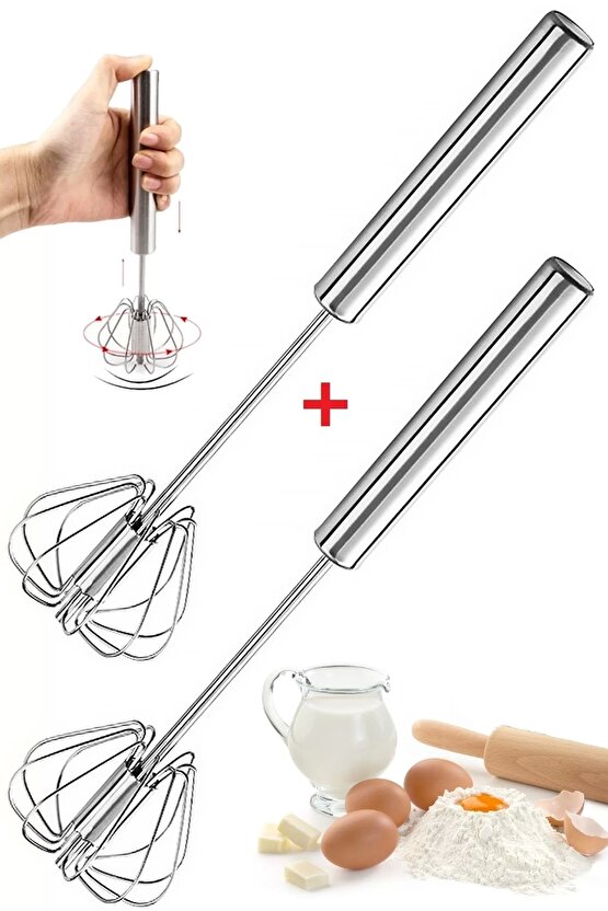 2 Adet Basmalı Otomatik Bas Çek Çırpıcı Pratik Mutfak Gereçleri Paslanmaz Çelik