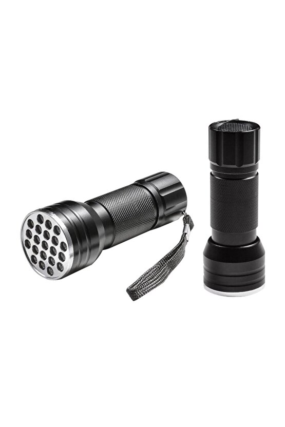 Mor UV Işılı 21 LEDLİ 10 CM Metal Siyah Renk Mini Fener