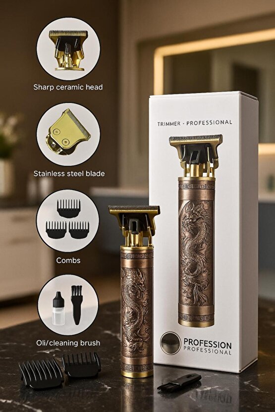 Profesyonel Kablosuz Metal Gövdeli Şarjlı Tıraş Makinesi – Dragon Desenli USB ŞARJLI