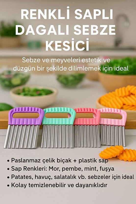 Renkli Saplı Dalgalı Sebze Kesici – Paslanmaz Çelik Crinkle Bıçak