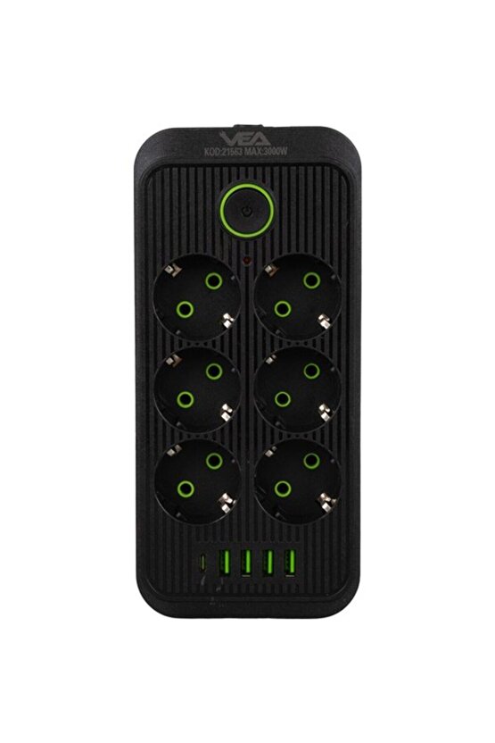 Vea Va-21563 6lı 1.5 Metre Kablolu Type-cli 4 Usbli Siyah Akım Korumalı Priz