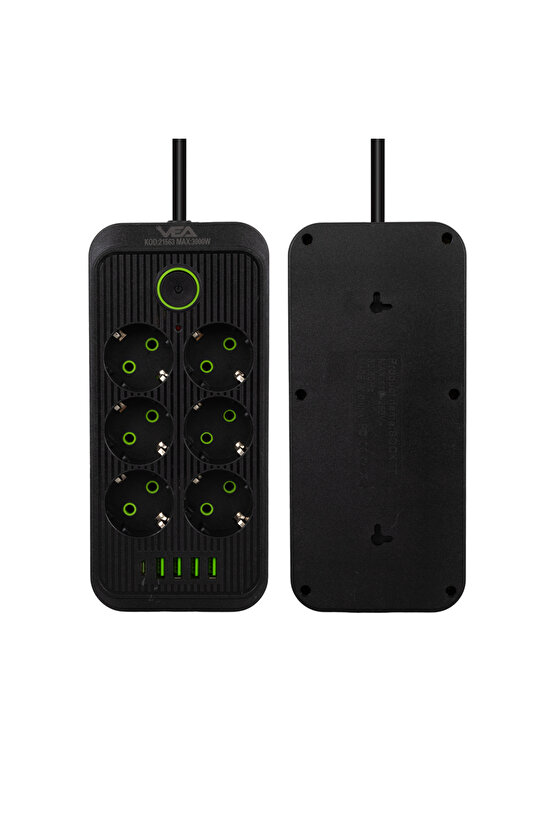 Cpets- Va-21563 6li 1.5 Metre Kablolu Type-cli 4 Usbli Siyah Akim Korumali Priz