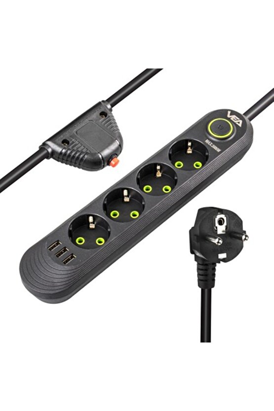 daliashop VA-21559 4lü 1.5 Metre Kablolu 3 Usbli Siyah Akım Korumalı Priz NewDesing 542167