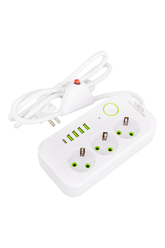 Beyaz Renkli 3 Toprak 1.5 Metre Kablo 4 USB + TYPE-C Girişli Çocuk Korumalı Priz