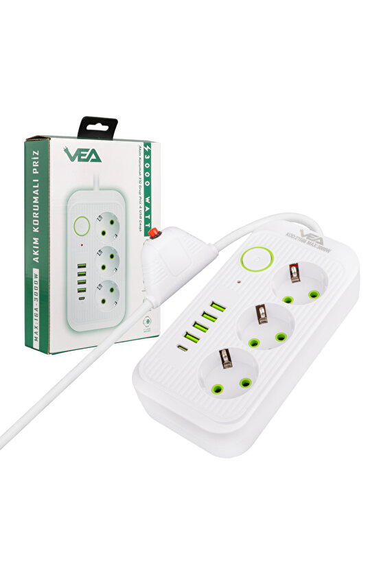 Beyaz Renkli 3 Toprak 1.5 Metre Kablo 4 USB + TYPE-C Girişli Çocuk Korumalı Priz