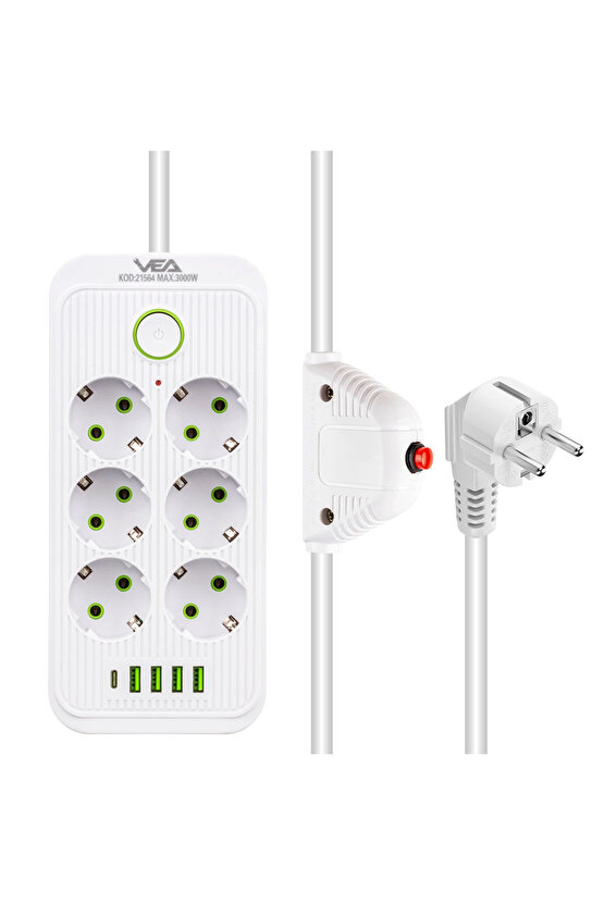 1.5 Metre Kablolu 4 Usb + 1 Type C Portlu Beyaz Renk Akım Korumalı Çoklu Priz