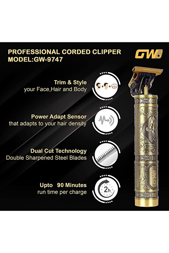 1 Yıl Gw Tam Profosyonel Saç Sakal Ense Çizim Tıraş Makinesi Saç-Sakal-Vücut Kuru Şarjlı 1-3 Altın