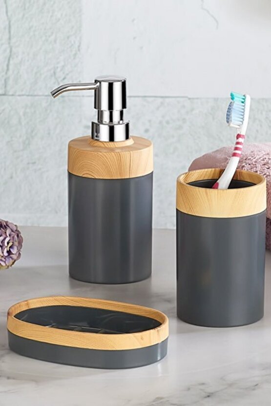 Bambu Görünümlü Plastik 3 Lü Banyo Seti Sıvı Sabunluk Diş Fırçalık Sabunluk