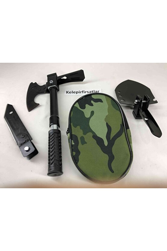 Süper Pratik Sökülüp Katlanan Minik Askeri Çelik Balta Çekiç Çapa Bıçak Testere Seti Haki Çantalı
