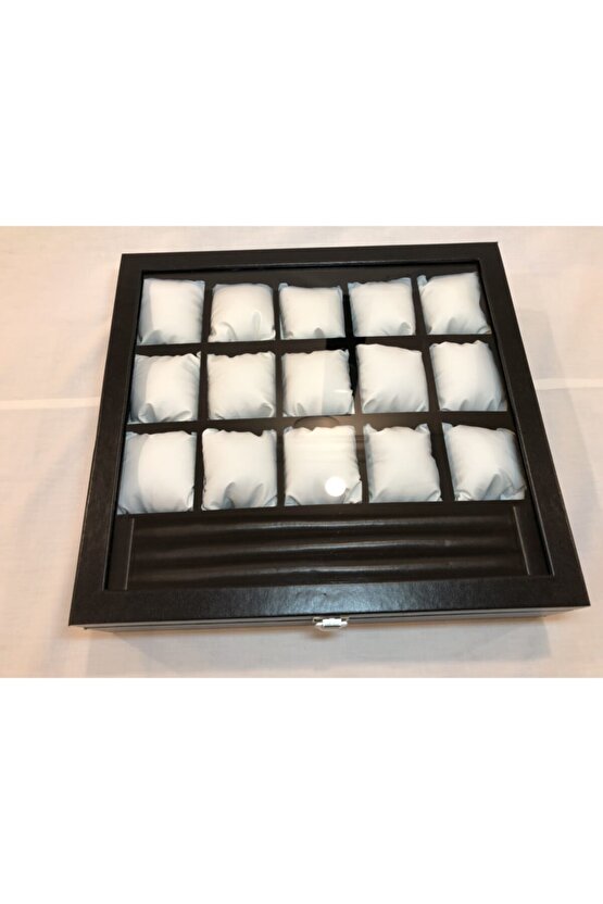 15 Bölmeli Deri Görünümlü Unisex Camlı Görsel Kol Saati Bileklik Kolye Yüzük Taki Alyans Kutusu