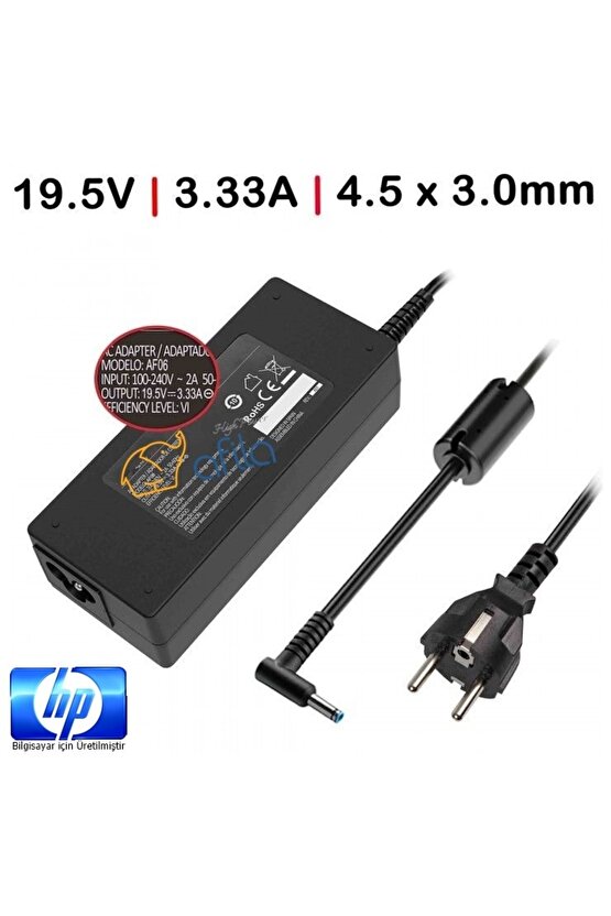 Hp 19.5v 3.33a  4.5*3.0mm Notebook Adaptör 65w Mavi Uc Rna-hc12 Uyumlu
