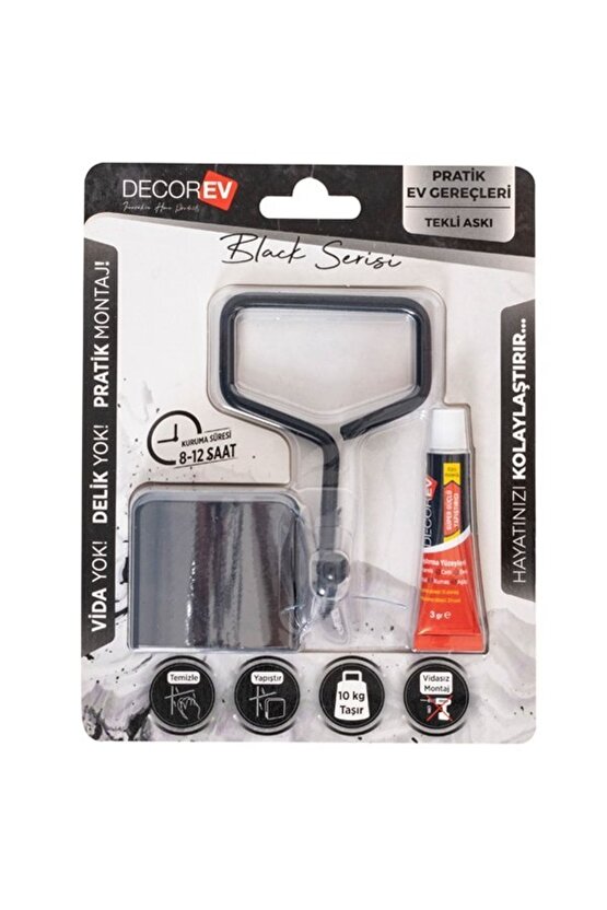 Decorev Süper Yapışkanlı Metal Yapıştırıcılı Siyah Tekli Askı Dc-5052