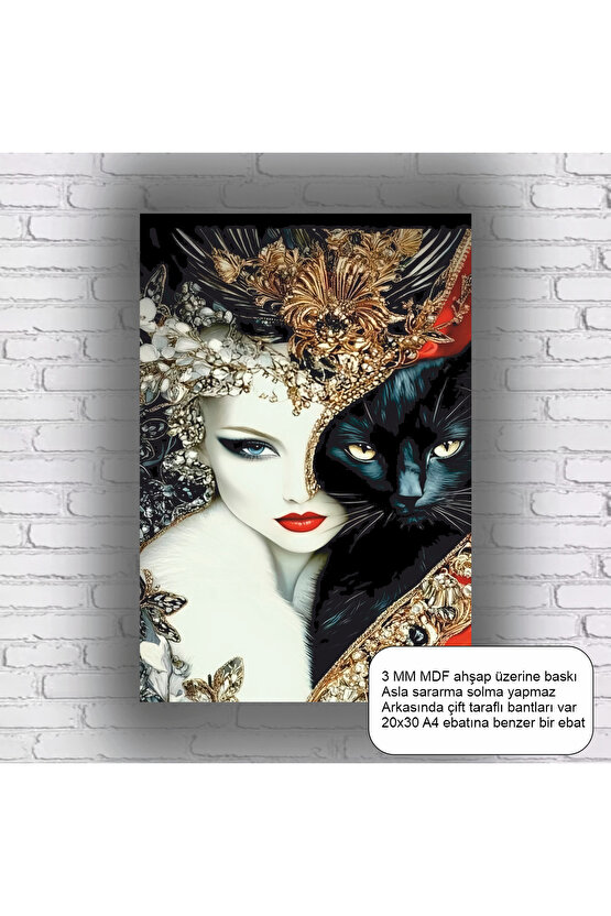 siyah kedi güzel kadın sanatsal estetik mdf tablo dekorasyon retro ahşap poster