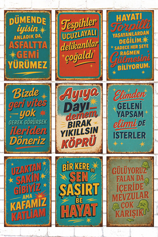 komik esprili atarlı duvar yazıları 9 parça sözlü mdf ahşap poster tablo seti