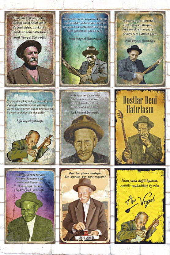 9 Parça Karışık Ahşap Tablo Seti aşık veysel ozan halk müziği retro ahşap poster seti
