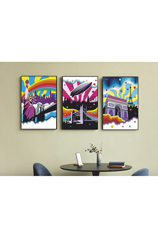 3 Parça Çerçeve Görünümlü Mdf Tablo Seti new york amerika londra ingiltere paris eyfel kulesi fransa