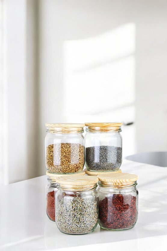 6lı Orta Boy Ahşap Vakum Kapaklı Çizgili Cam Saklama Kavanozu Baharat Seti (Etiket Hediyeli)