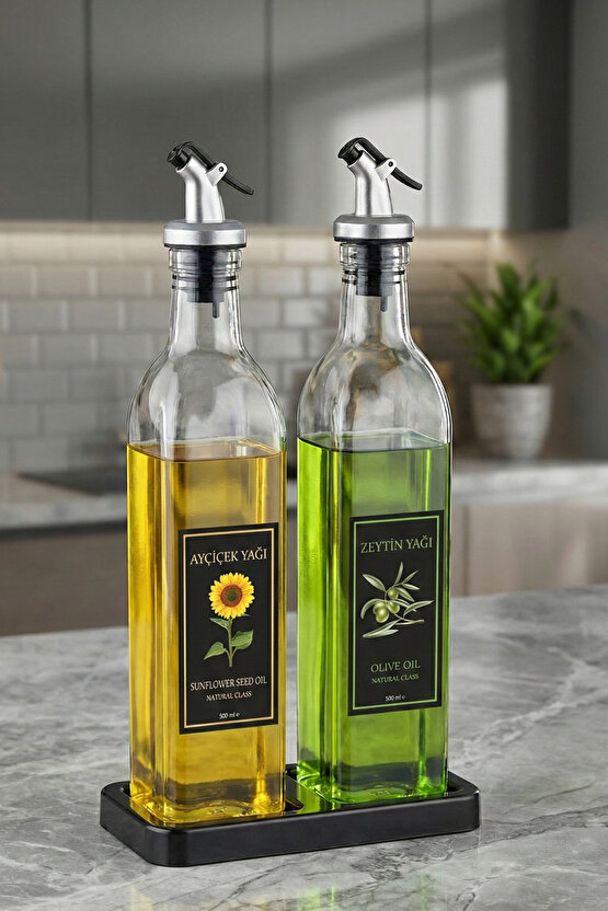 Siyah Stantlı Lux Kare Cam Yağdanlık 2li 500 ml