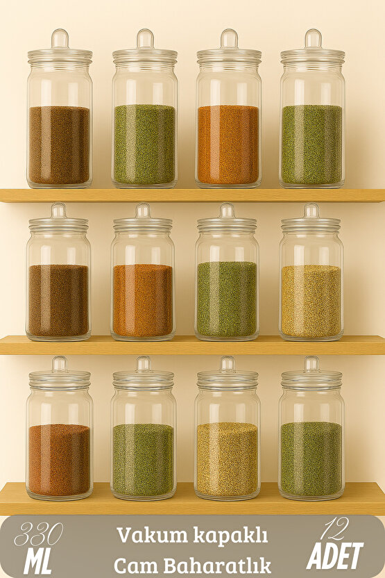 12 Adet Kulplu Ve Vakum Kapaklı Cam Baharatlık Seti