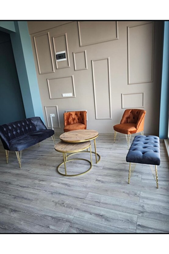 Nev elizzan garden çay seti koltuk antrasit kiremit gold metal ayak