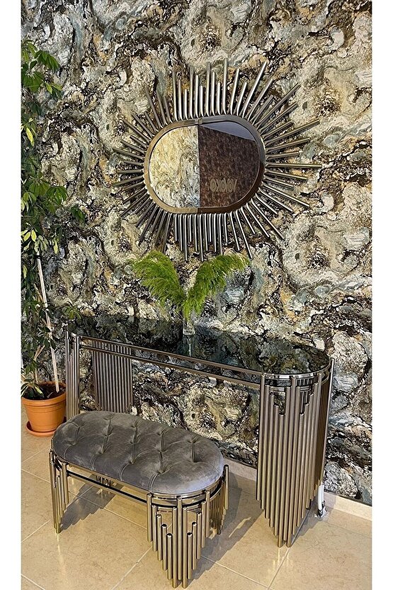 Piyano Model Lüx Gümüş Dresuar Elips Ayna Ve Puf