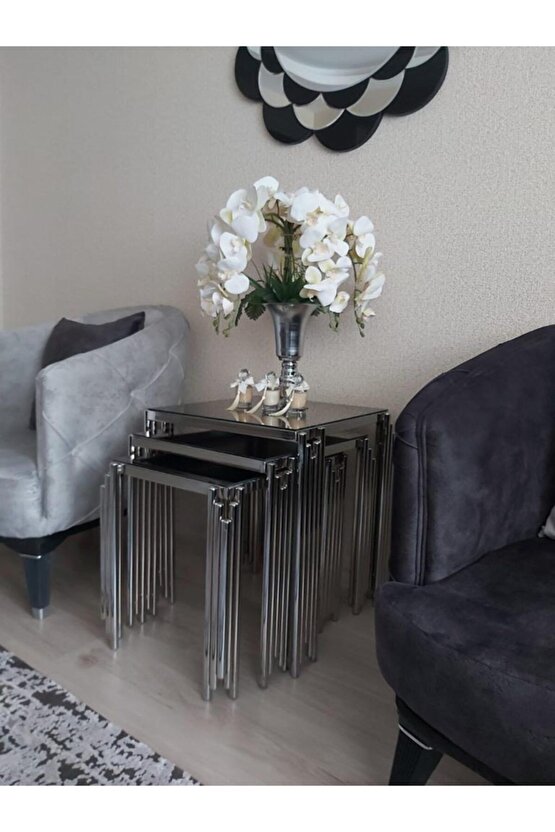 Piyano Kare Sehpa 3lü Gümüş