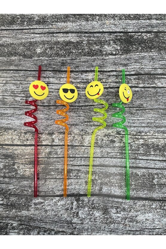 4 Lü Renkli Plastik Şirin Emoji Figürlü Pipet