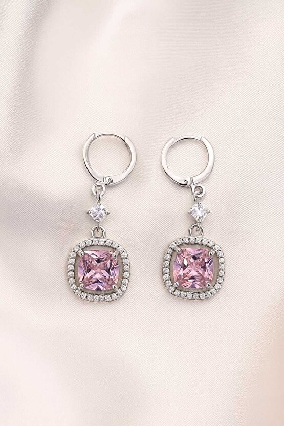 Pembe Baget Zirkon Taşlı Sallantılı Küpe