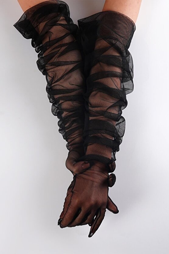 Kostüm Eldiveni Gelin Eldiveni Dirsek Boy Uzun Siyah Tül – Parti Eldiveni – Parti Eldiveni