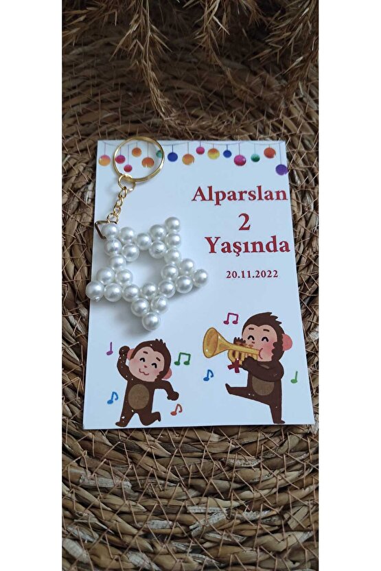 Doğum Günü Hediyelik Incili Yıldız Anahtarlık 8 Adet Anı Kartlı