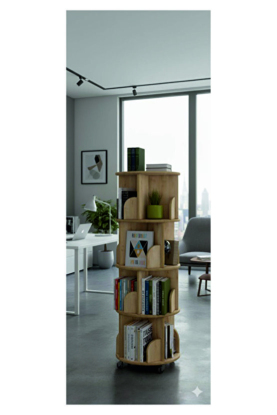 tekerlekli Dekoratif Döner Kitaplık - 133x45 Cm - Safir Meşe