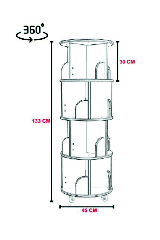 tekerlekli Dekoratif Döner Kitaplık - 133x45 Cm - Safir Meşe