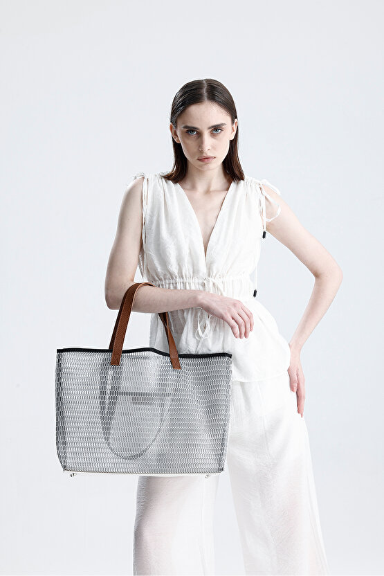 Kadın Beyaz Petek Desenli Şeffaf Büyük Boy Plaj Ve Alışveriş Shopper Tote Omuz Çantası