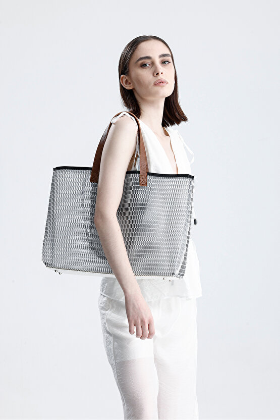 Kadın Beyaz Petek Desenli Şeffaf Büyük Boy Plaj Ve Alışveriş Shopper Tote Omuz Çantası