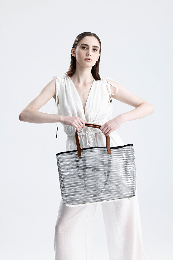 Kadın Beyaz Petek Desenli Şeffaf Büyük Boy Plaj Ve Alışveriş Shopper Tote Omuz Çantası