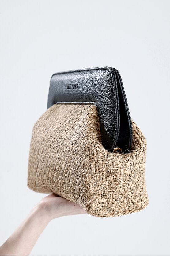 Heybes Kadın Siyah Çerçeveli Balık Sırtı Jüt Clutch El Çantası