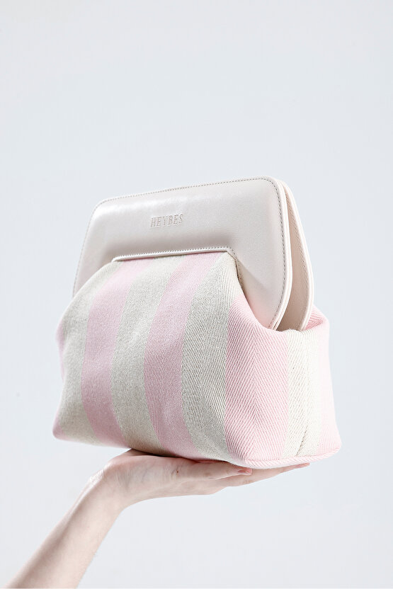 Heybes Kadın Pembe Çizgi Desenli Kanvas Clutch El Çantası