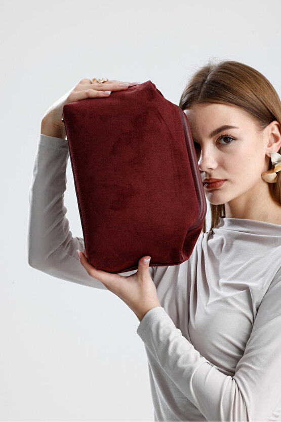 Heybes Kadın Bordo Süet Clutch El Çantası