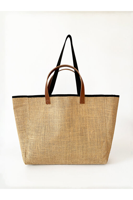 Kadın Yeşil Su Geçirmez Astarlı Jüt Hasır Büyük Boy Plaj Ve Alışveriş Shopper Tote Omuz Çantası