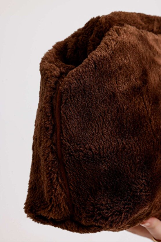 Heybes Kadın Koyu Kahverengi Peluş Teddy Clutch Çanta