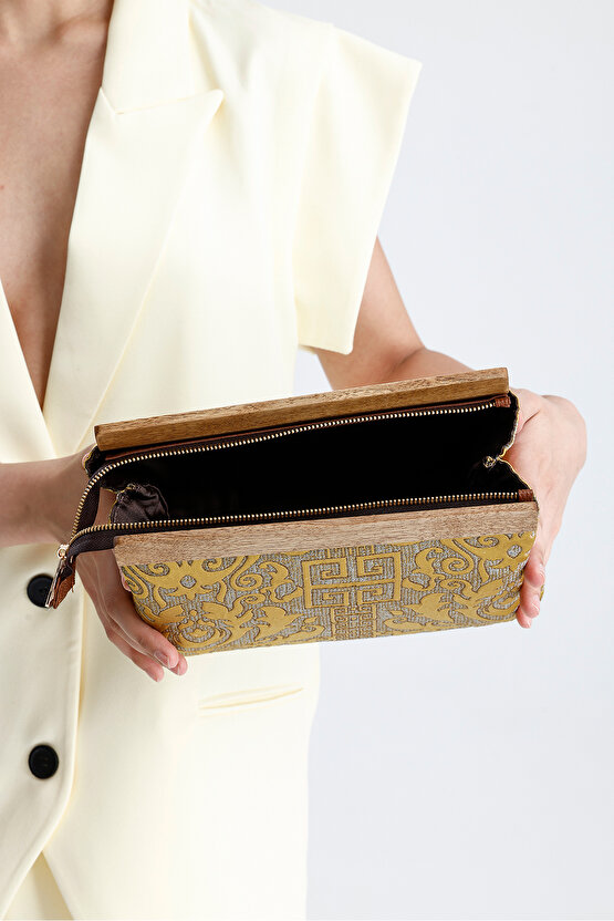 Heybes Kadın Hardal Otantik Desen Clutch Çanta