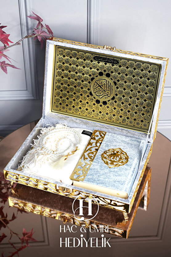 Kadife Kaplı Kutulu Kuranı Kerim | Hediyelik Kuran | Lüks Ahşap Kutu, Kuran, Şal ve İnci Tesbih Seti