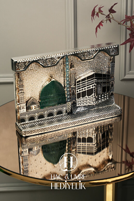Hac Umre Hediyesi | İslami Dekor | Kabe ve Mescidi Nebevi Gümüş Dekor | İkili Mekke Medine Biblosu