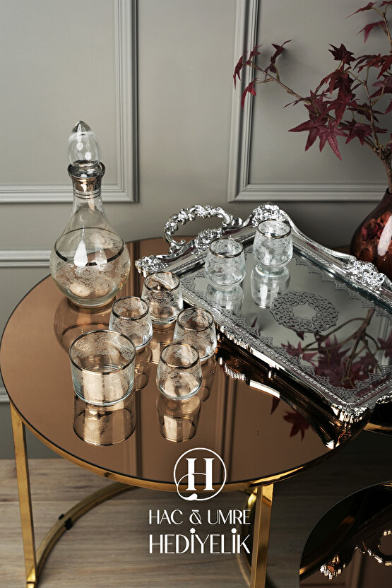Dekoratif Cam Zemzem İkram Takımı 8 Parça | Zemzem ve Mevlid Sunum Seti