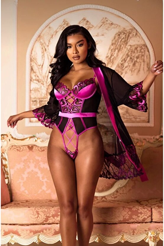 Sevgililer Günü Özel Saten Detaylı Sabahlıklı Lüks Fantezi Bodysuit