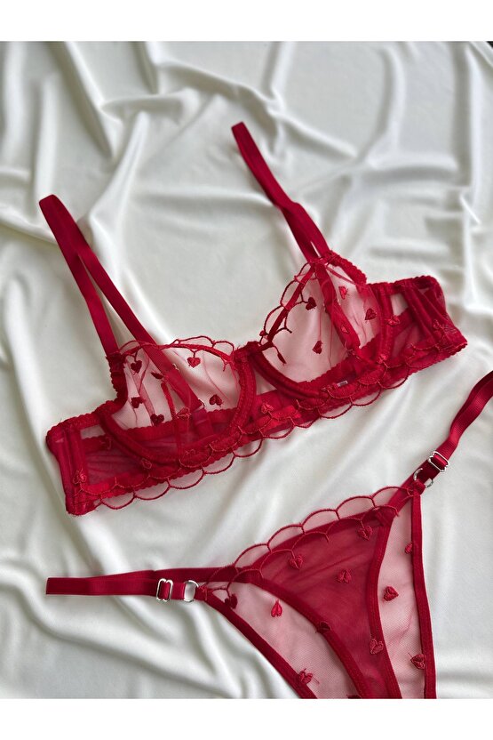 Kırmızı Kalp Desenli Balenli Tül Sütyen Takımı