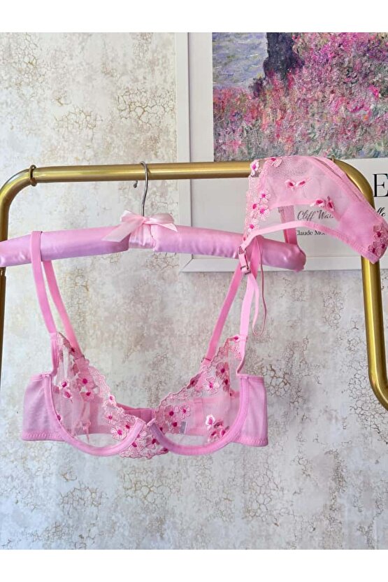Çiçek Desenli Dantel Tül Bralet Takım