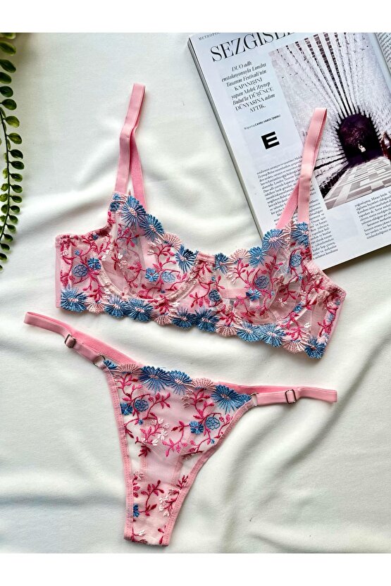 Çiçek Desenli Dantel Tül Bralet Takım