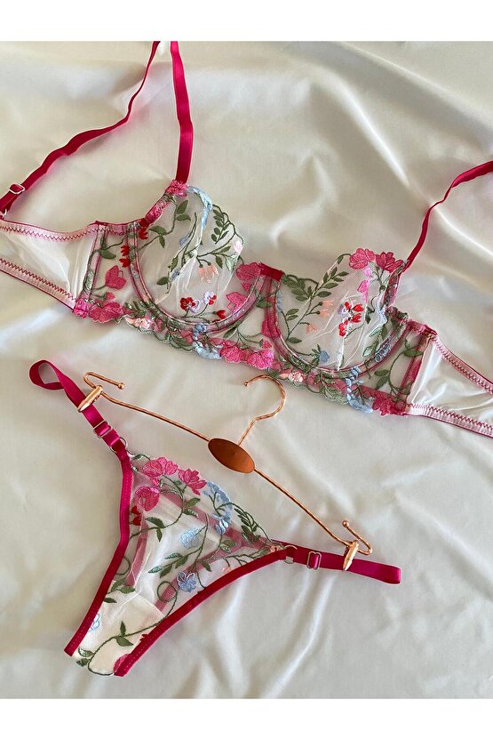Çiçek Desenli Dantel Tül Bralet Takım