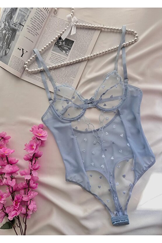 Kalp işlemeli Tül Bodysuit
